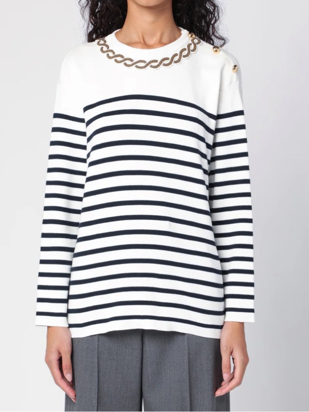 Valentino Ivory & Navy Striped Knit Top with Gold Chain Detail size small